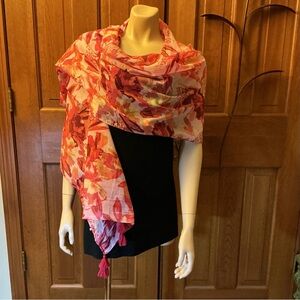 Anne Klein Vibrant, maroon, pink shades and yellow Floral Scarf with tassels